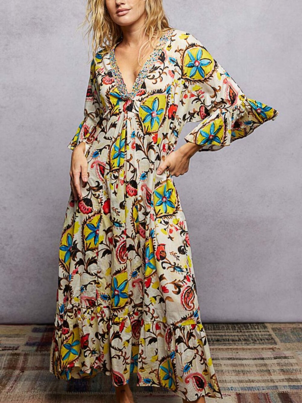 POL Beaded Neckline Kaftan Dress